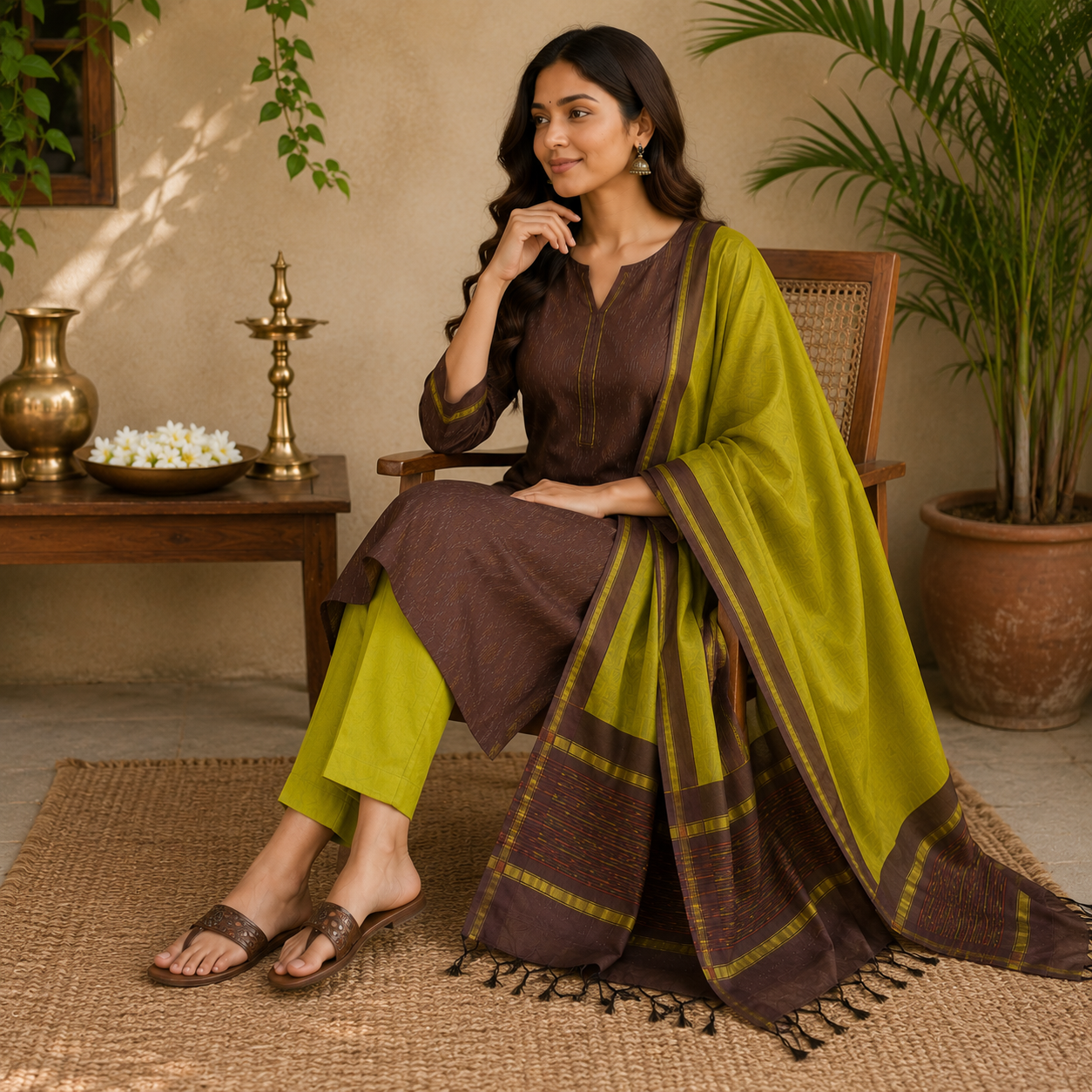Ikkath SICO Pattu Dress Material – Rich Coffee Brown & Lime Green