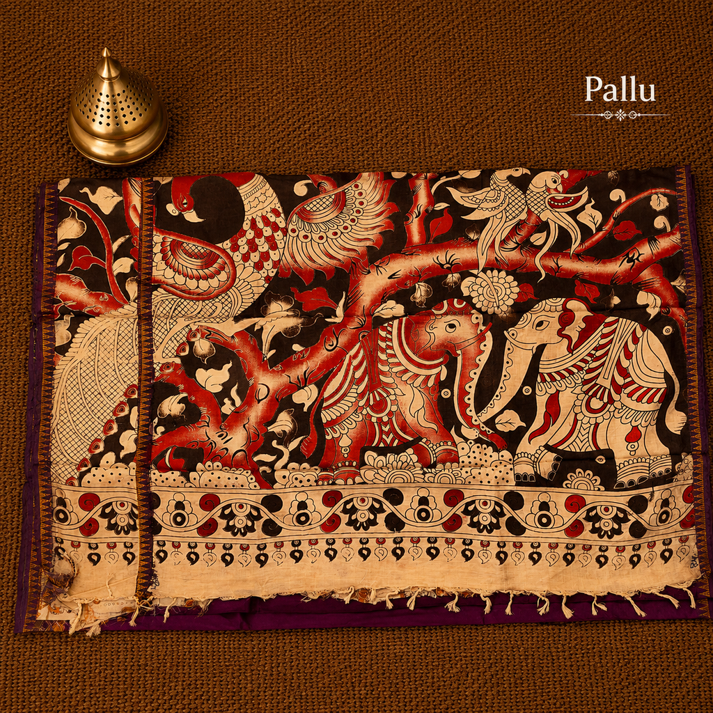 Kalamkari Mangalagiri Silk Saree with Gap Border