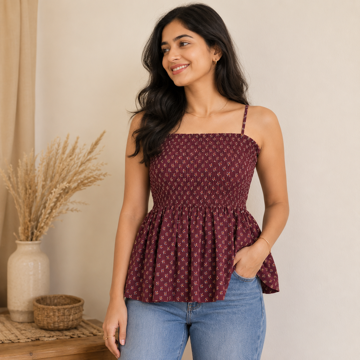 Red Floral Smocked Cotton Top