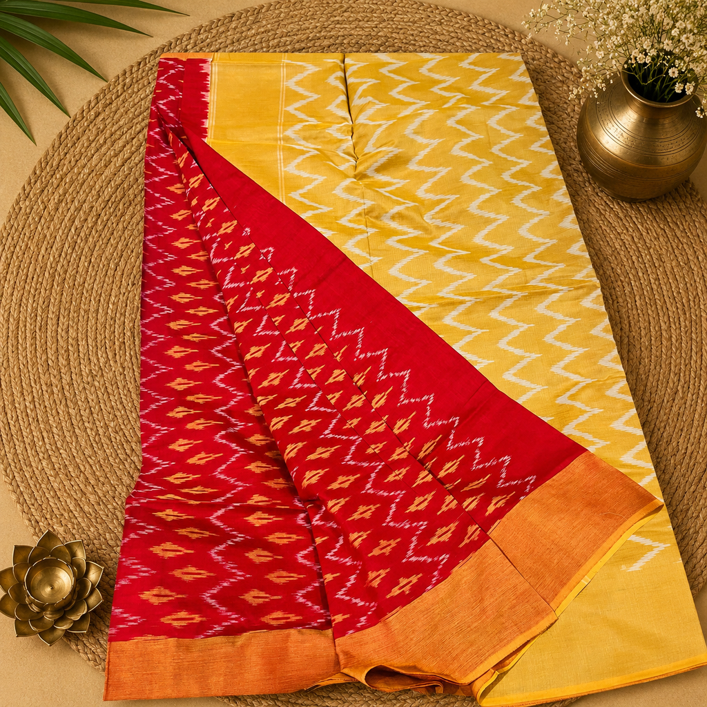 Dual Tone Red Single Ikat Mercerised Cotton Saree