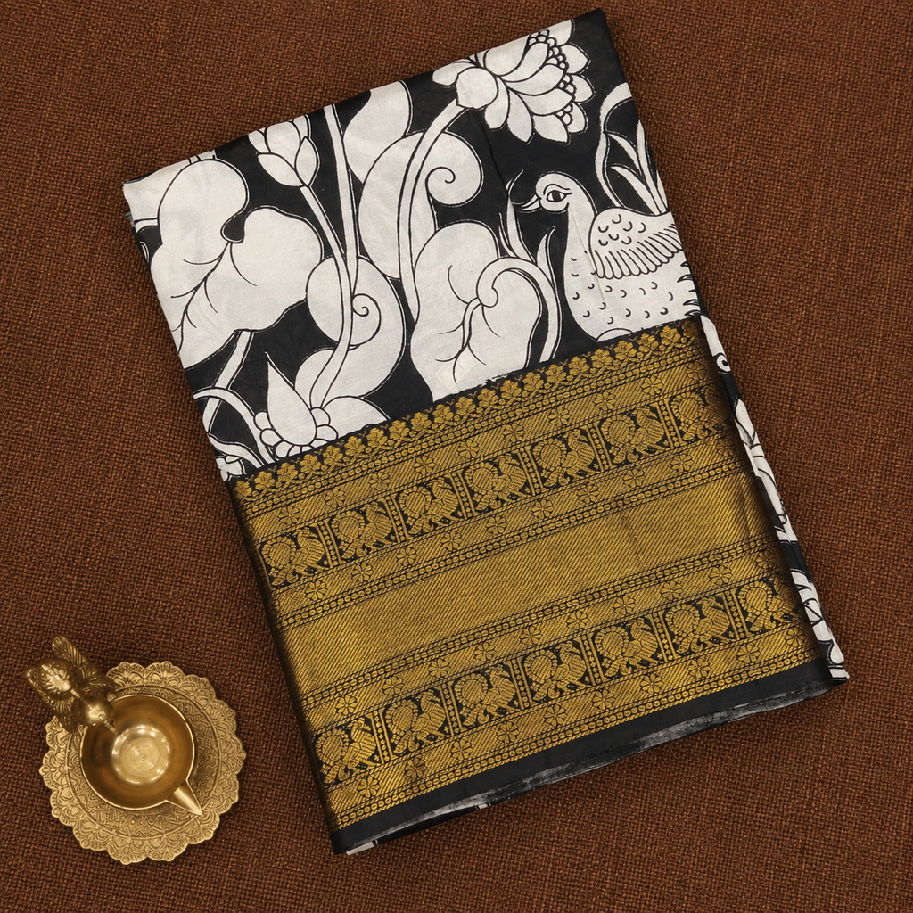 Black Kalamkari Mangalagiri Silk Saree - Big Kanchi Border
