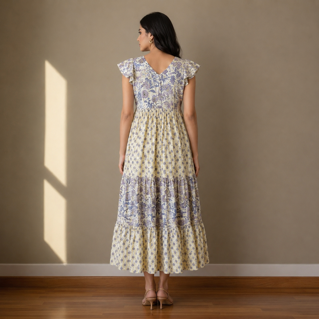 V- Neck Cream and Blue Floral Maxi