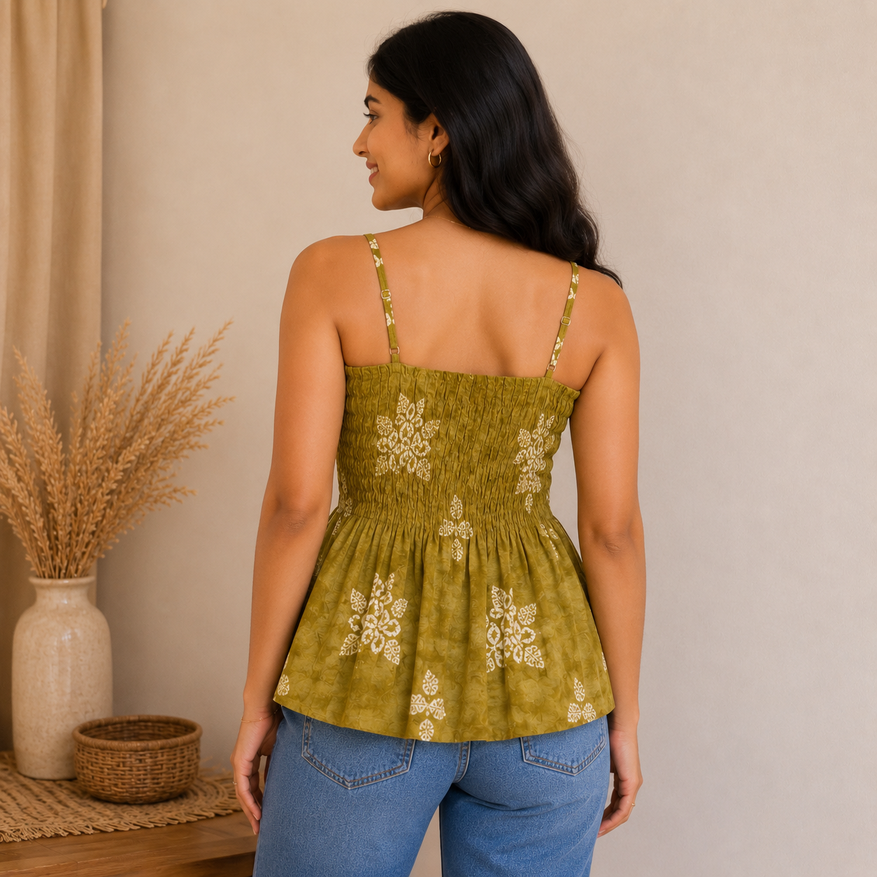 Olive Mustard Floral Smocked Cotton Top