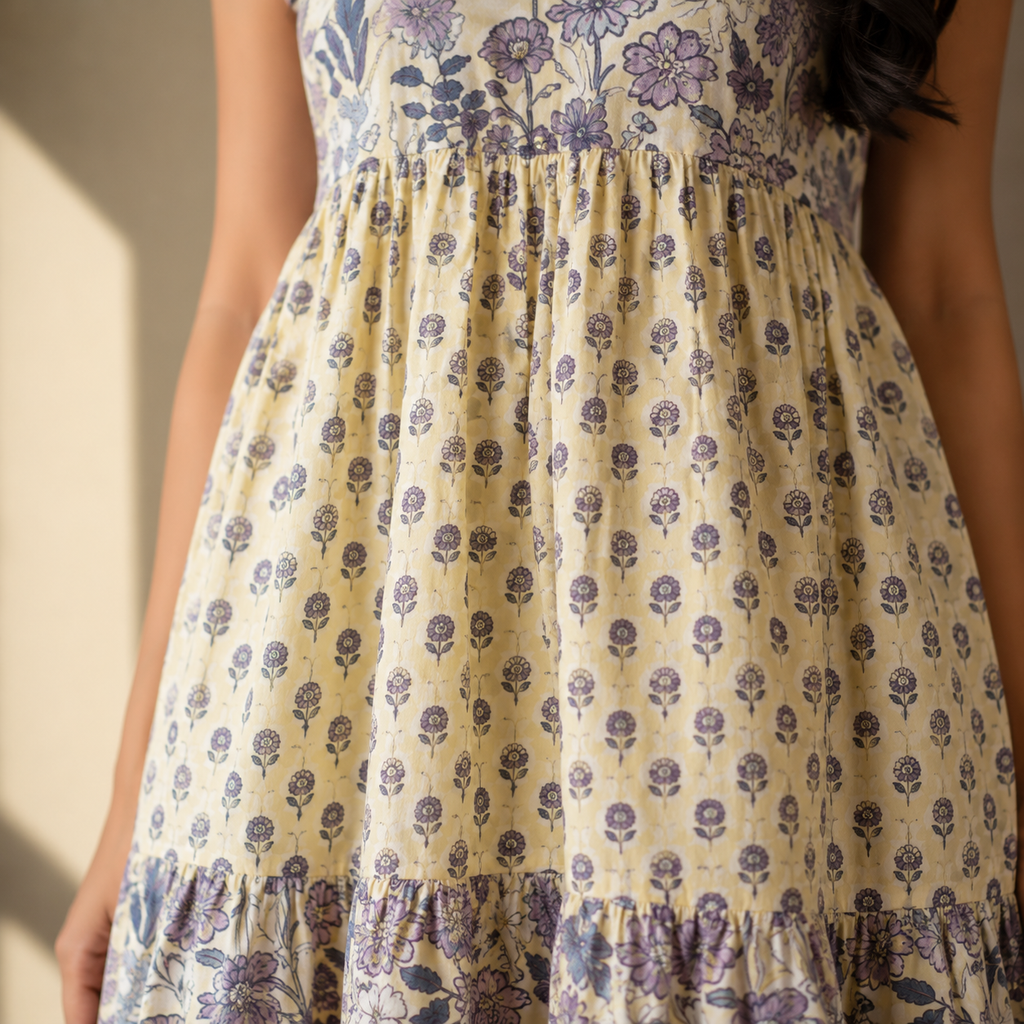 V- Neck Cream and Blue Floral Maxi