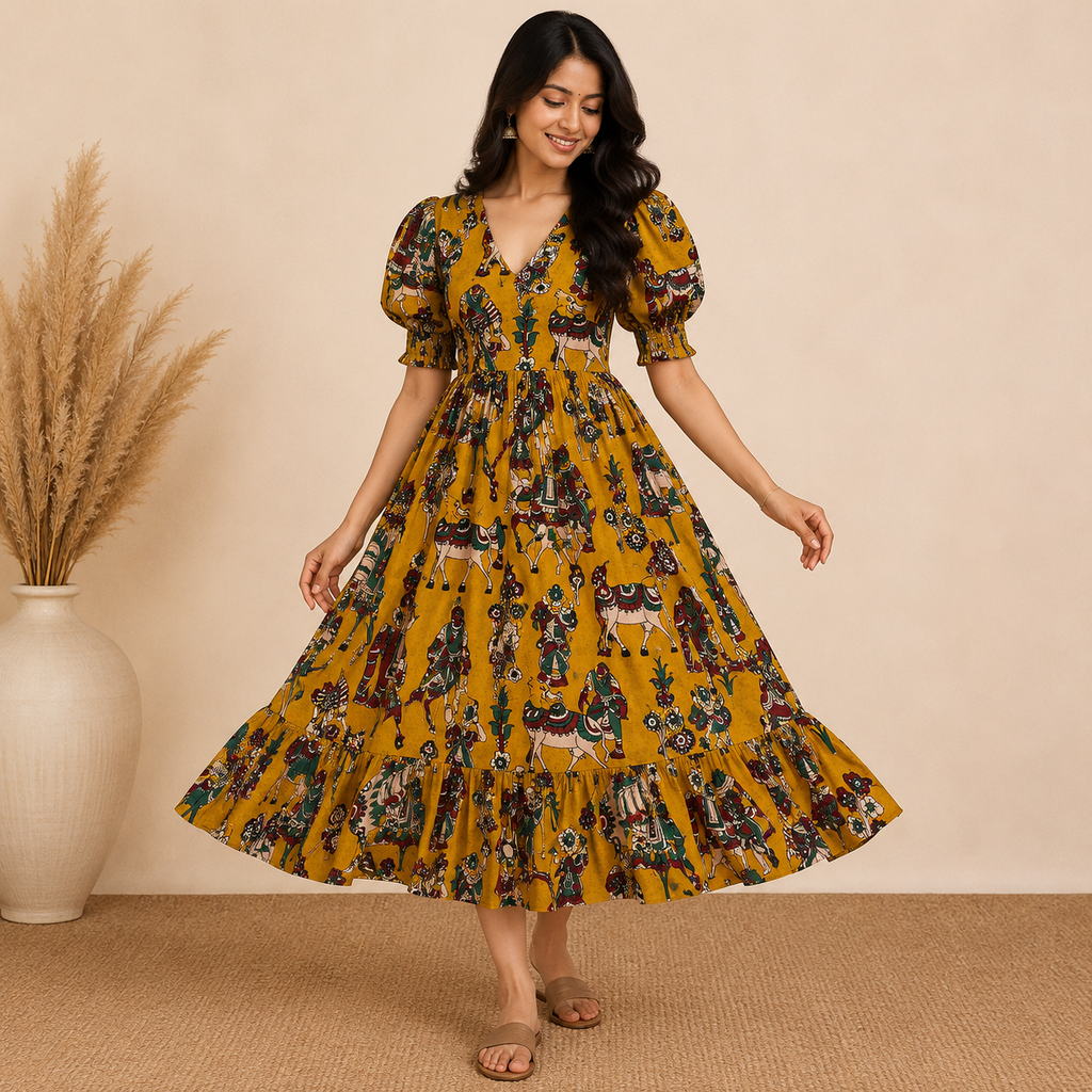 Yellow Kalamkari Frill Frock