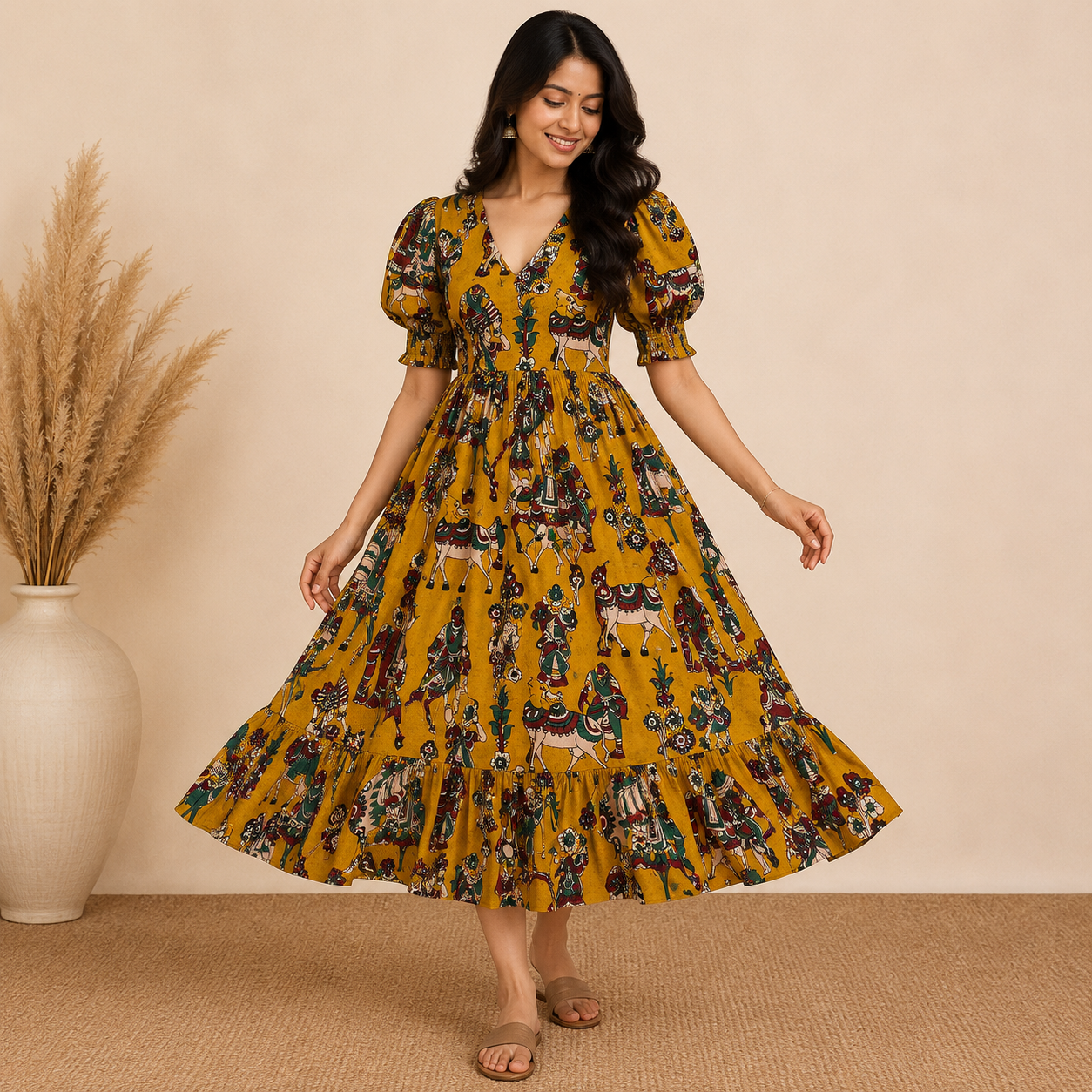 Yellow Kalamkari Frill Frock