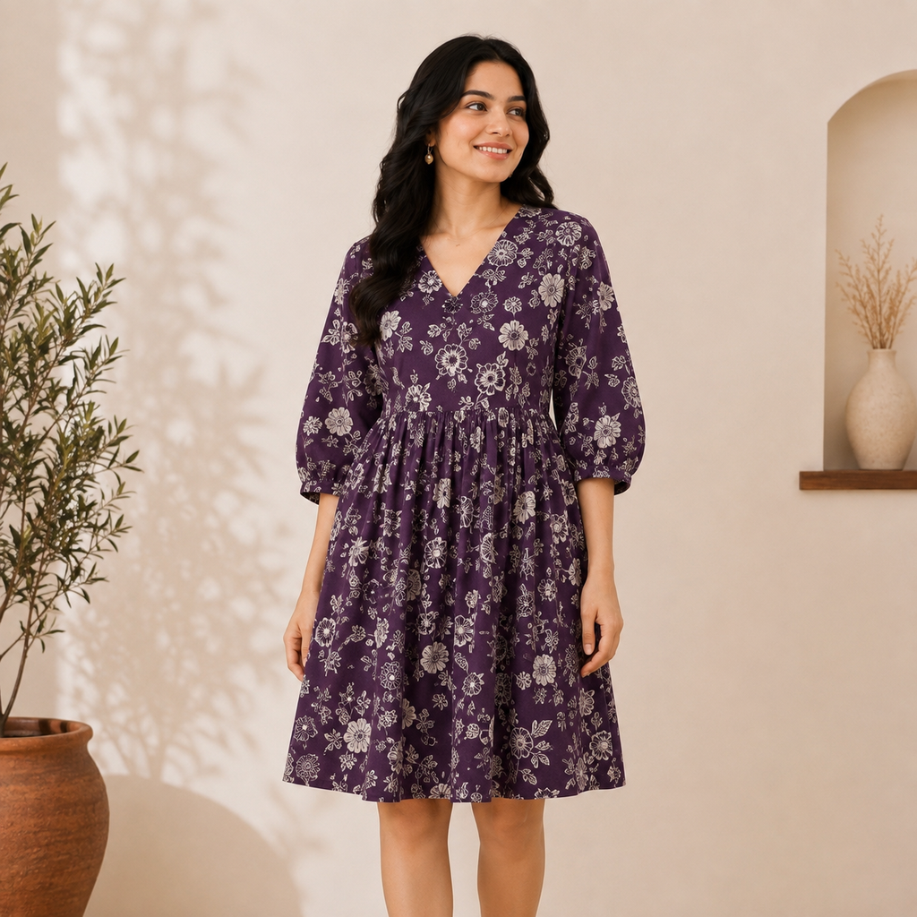Wine Floral Printed Dress