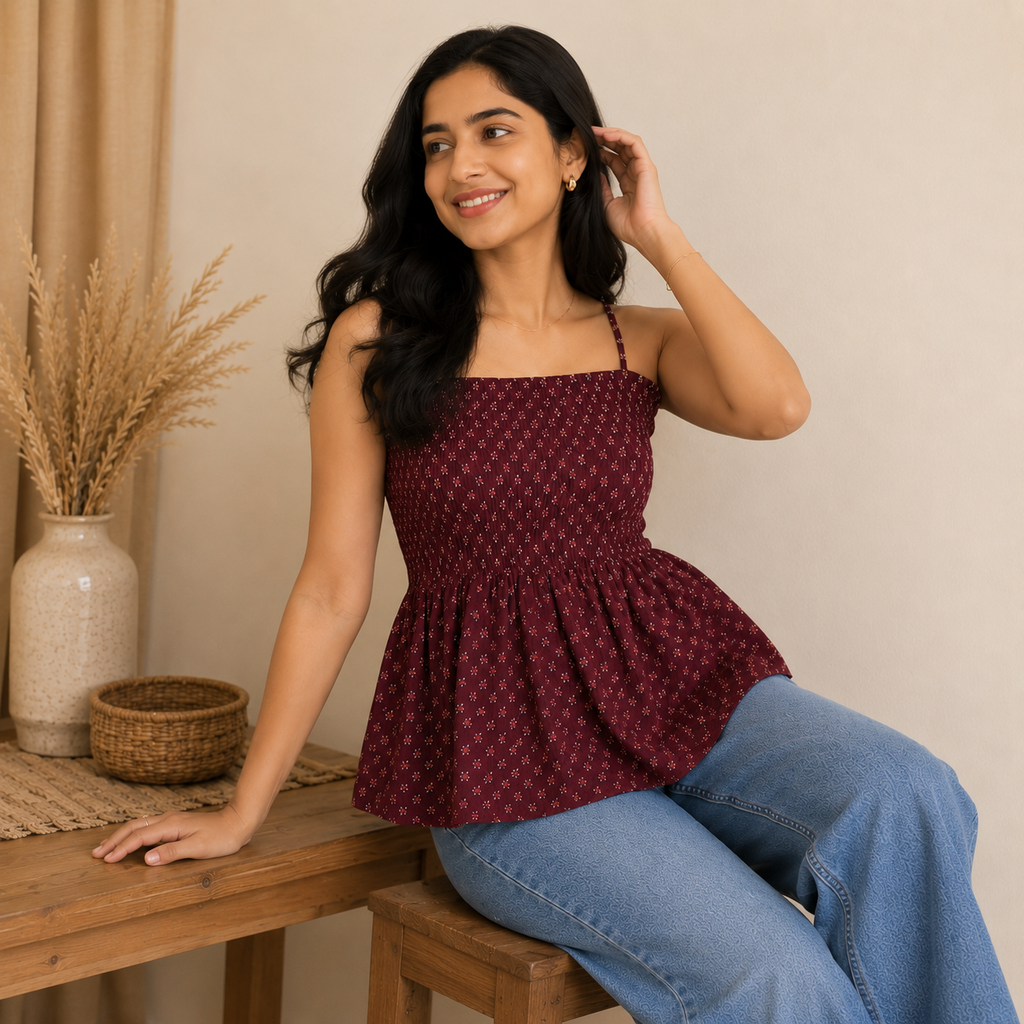 Red Floral Smocked Cotton Top