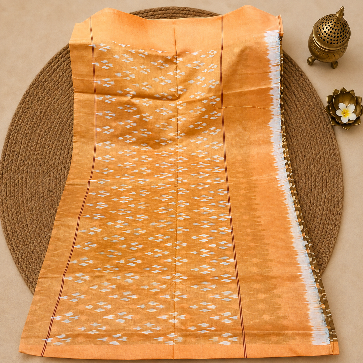 Olive Green & Mustard Orange Single Ikat Mercerised Cotton Saree