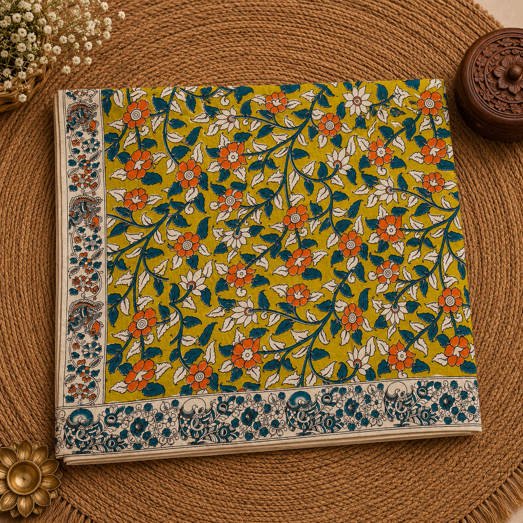 Lime Green Kalamkari Cotton Saree