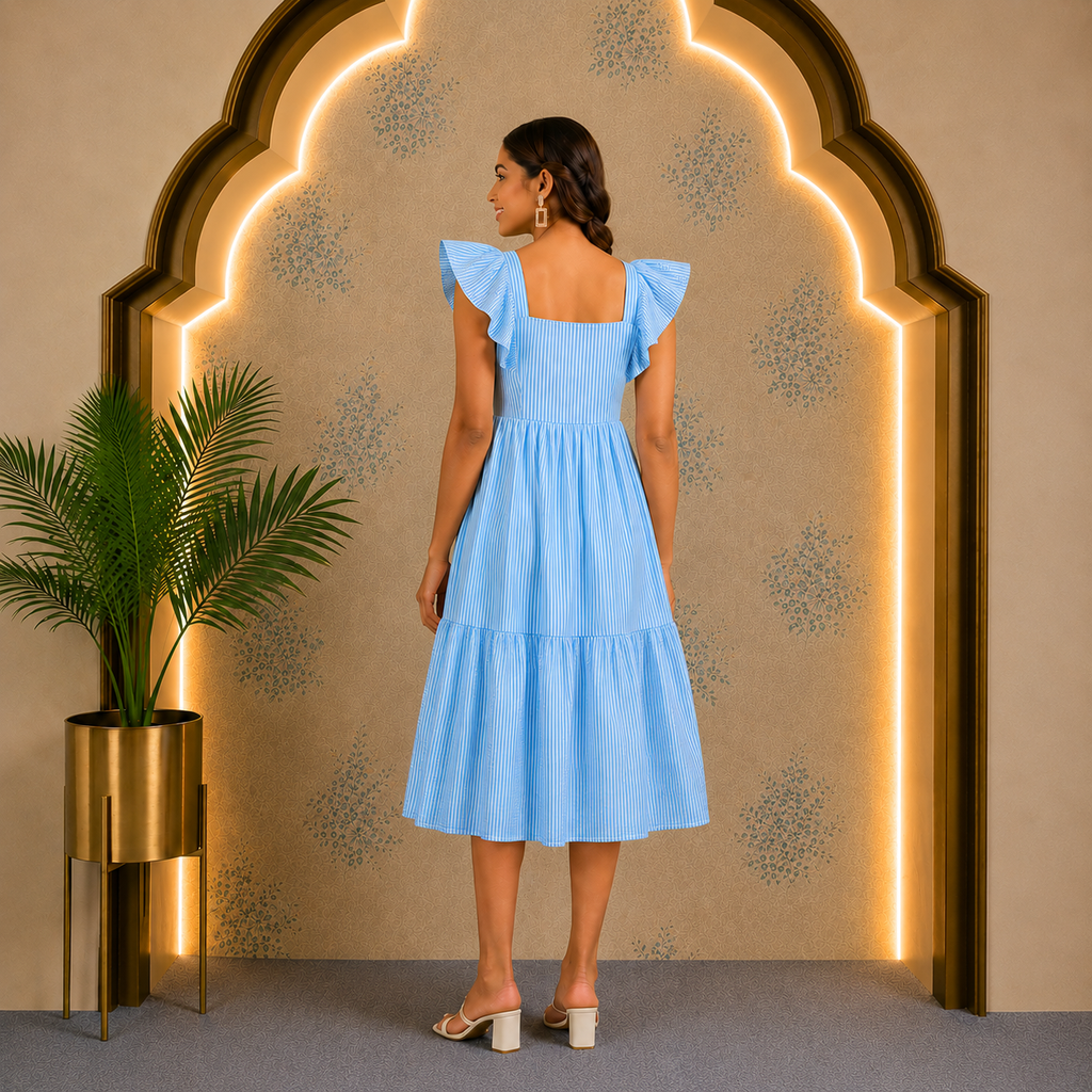 Blue Striped Cotton Midi Dress
