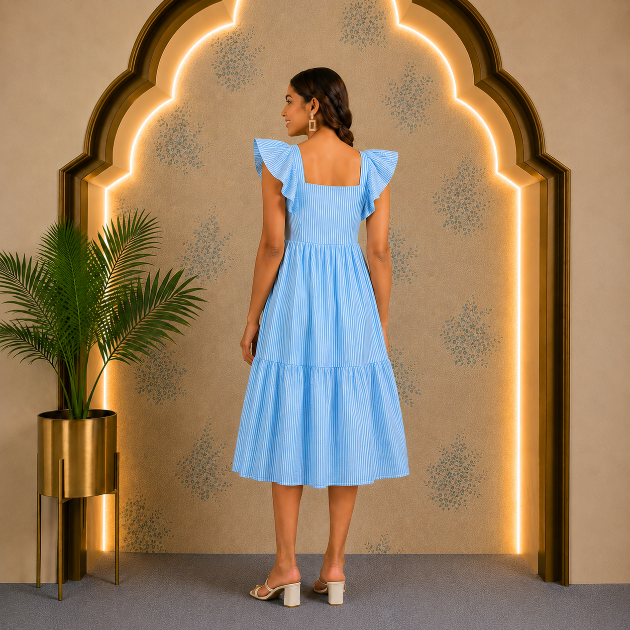 Blue Striped Cotton Midi Dress