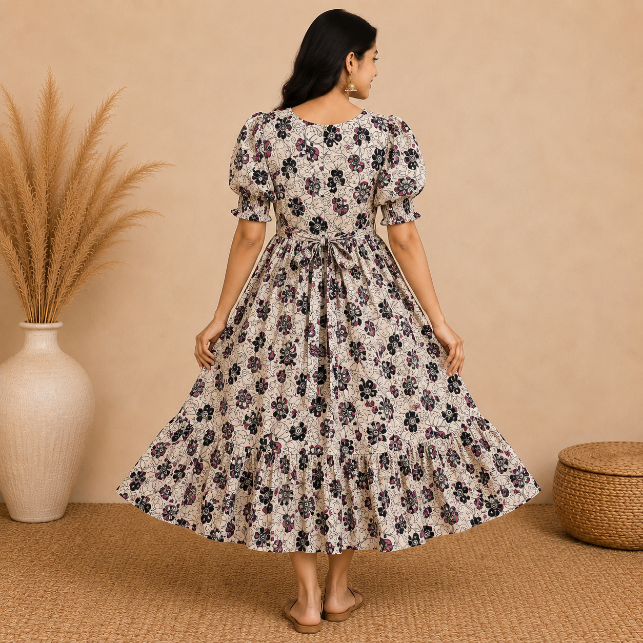 Beige Kalamkari Frill Frock
