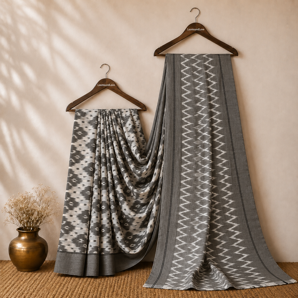 Charcoal Grey & Off-White Ikat Mercerised Cotton Saree