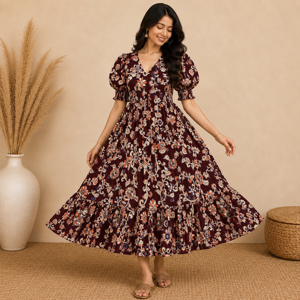 Brown Kalamkari Frill Frock