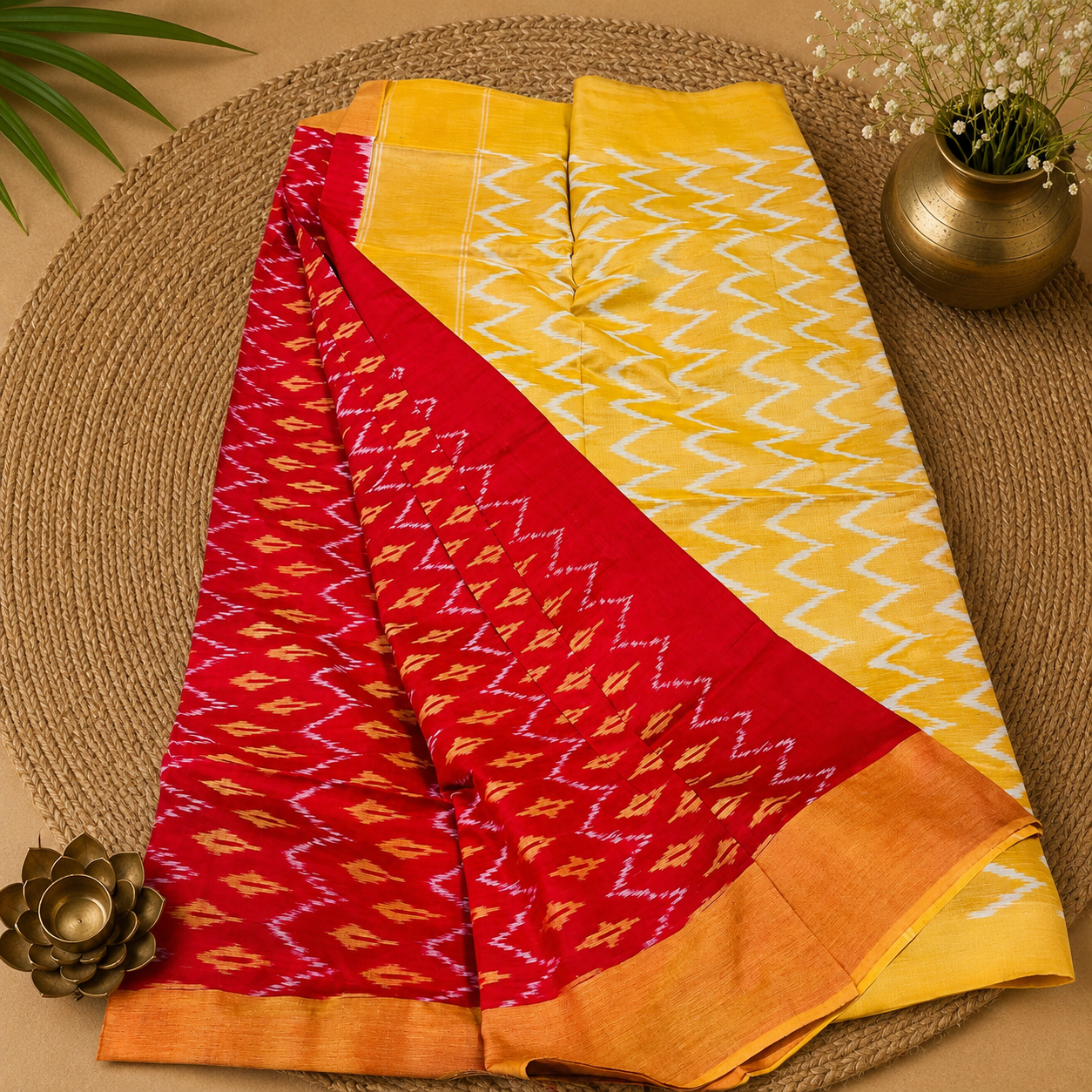 Dual Tone Red Single Ikat Mercerised Cotton Saree