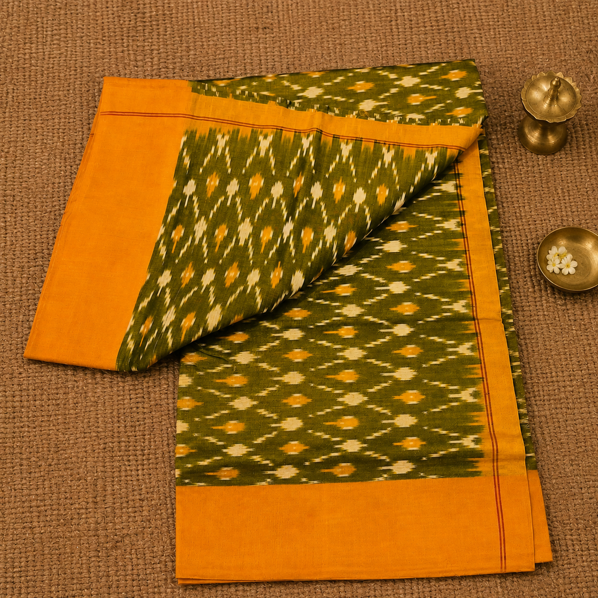 Olive Green & Mustard Orange Single Ikat Mercerised Cotton Saree