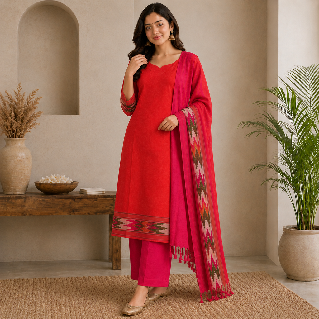 Coral Red & Rani Pink Ikkath Stitched 3 Piece Set