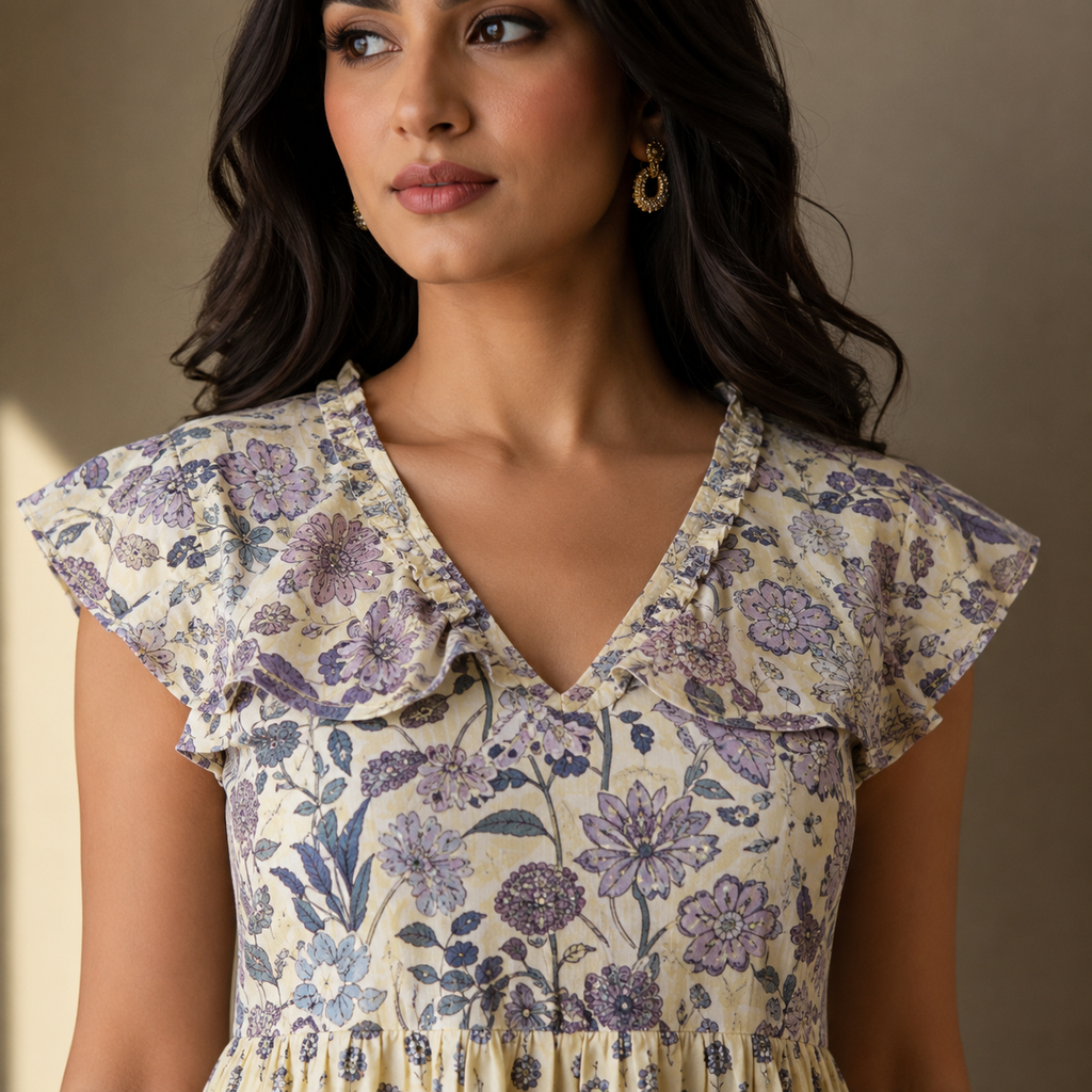 V- Neck Cream and Blue Floral Maxi