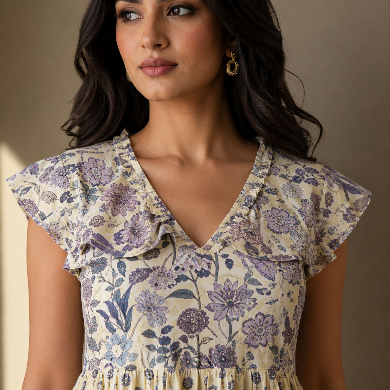 V- Neck Cream and Blue Floral Maxi