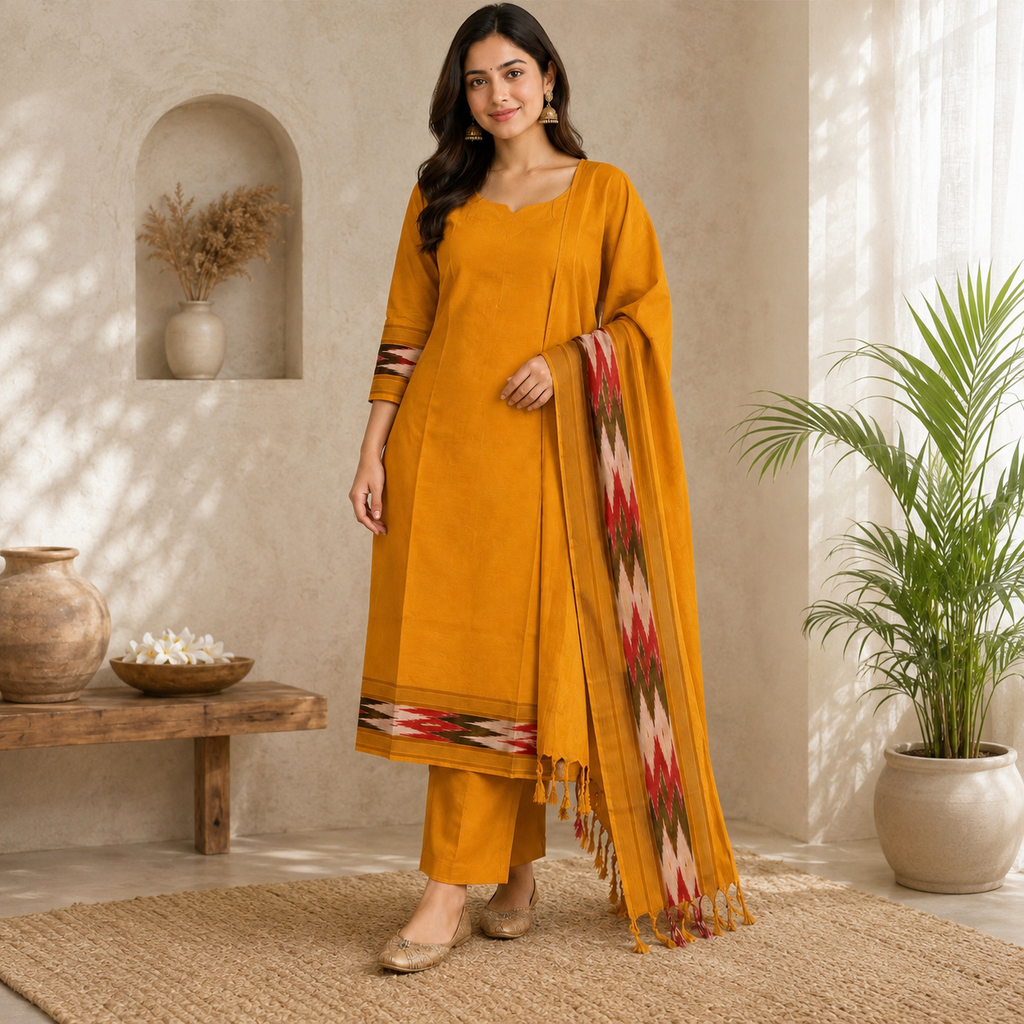 Mustard Yellow Ikkath Stitched 3 Piece Set