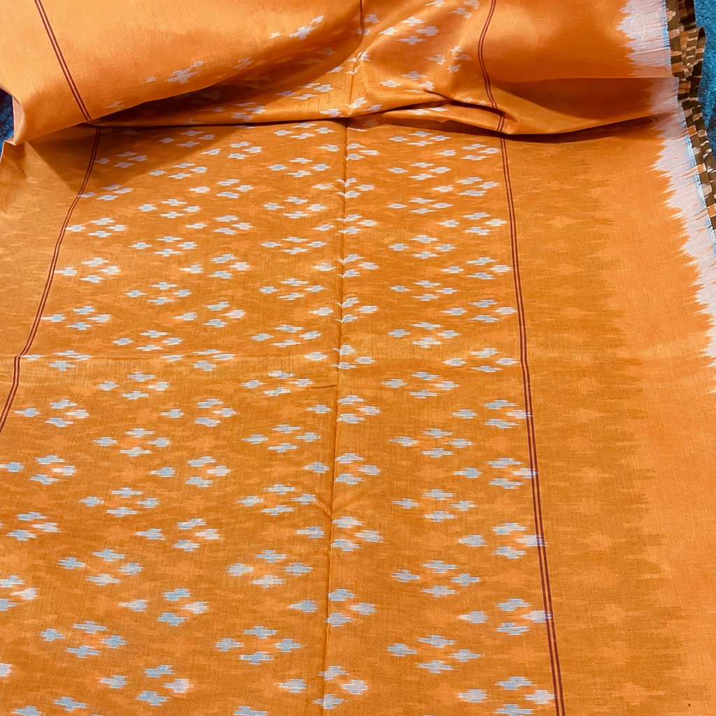 Olive Green & Mustard Orange Single Ikat Mercerised Cotton Saree