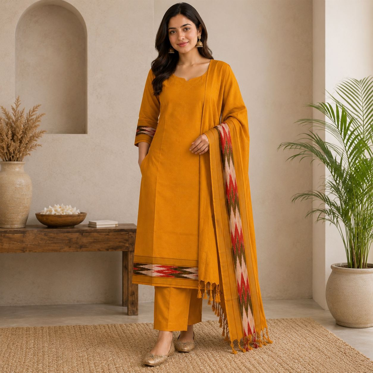 Mustard Yellow Ikkath Stitched 3 Piece Set