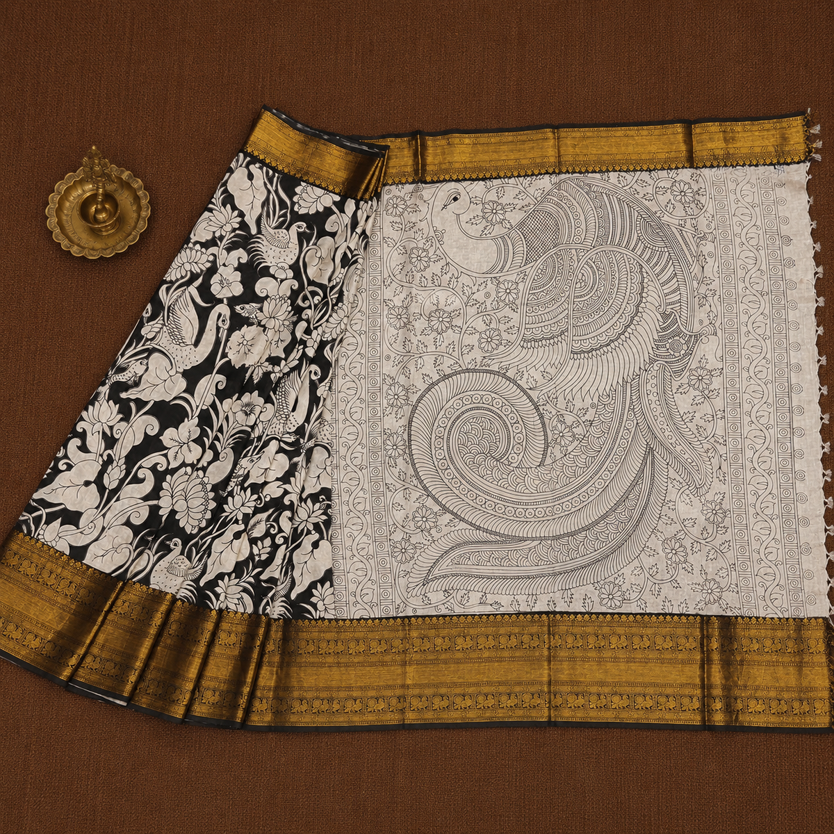 Black Kalamkari Mangalagiri Silk Saree - Big Kanchi Border
