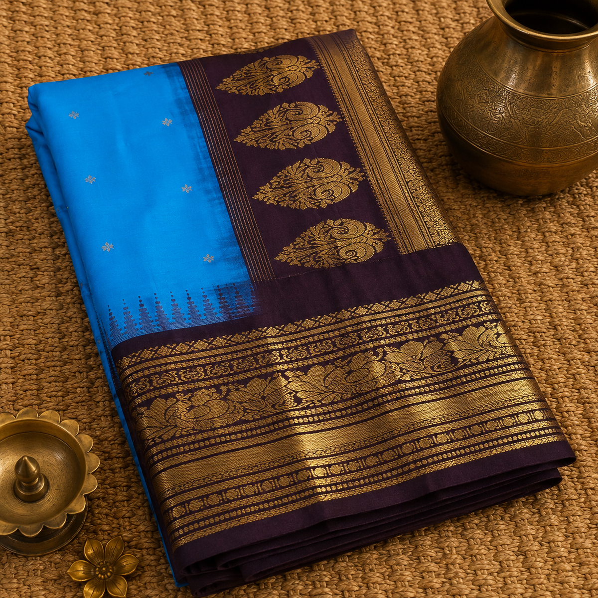 Vivid Turquoise & Deep Wine Semi Gadwal Silk Saree