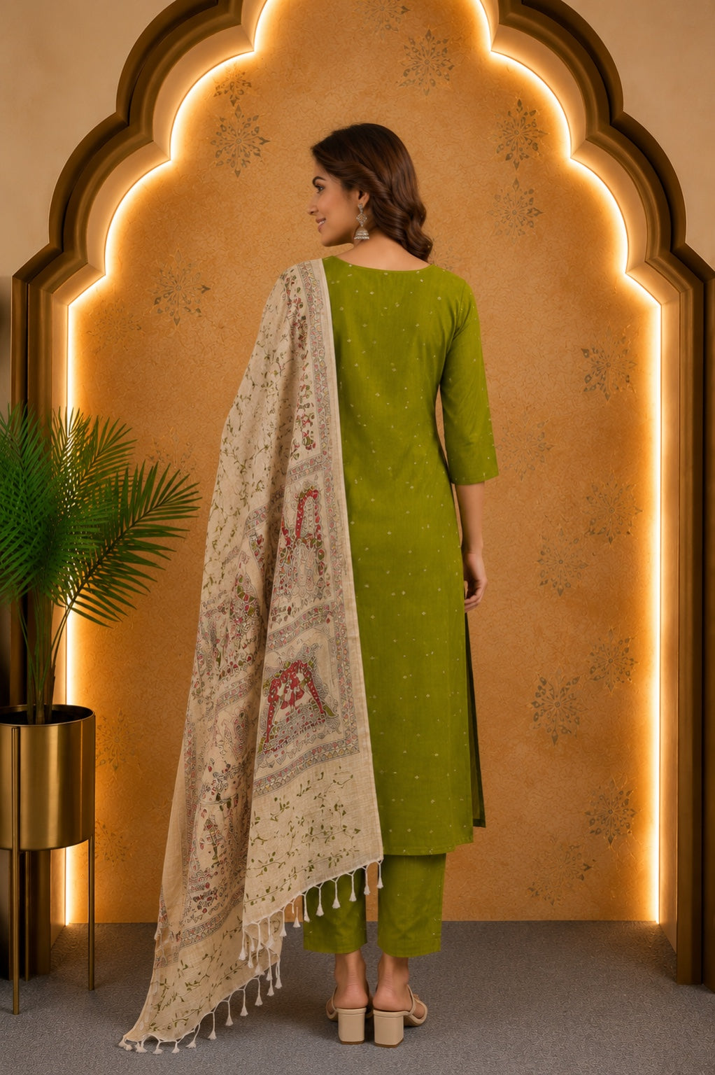 Green Raw Silk Top & Madhubani Kalamkari Dupatta – Dress Material
