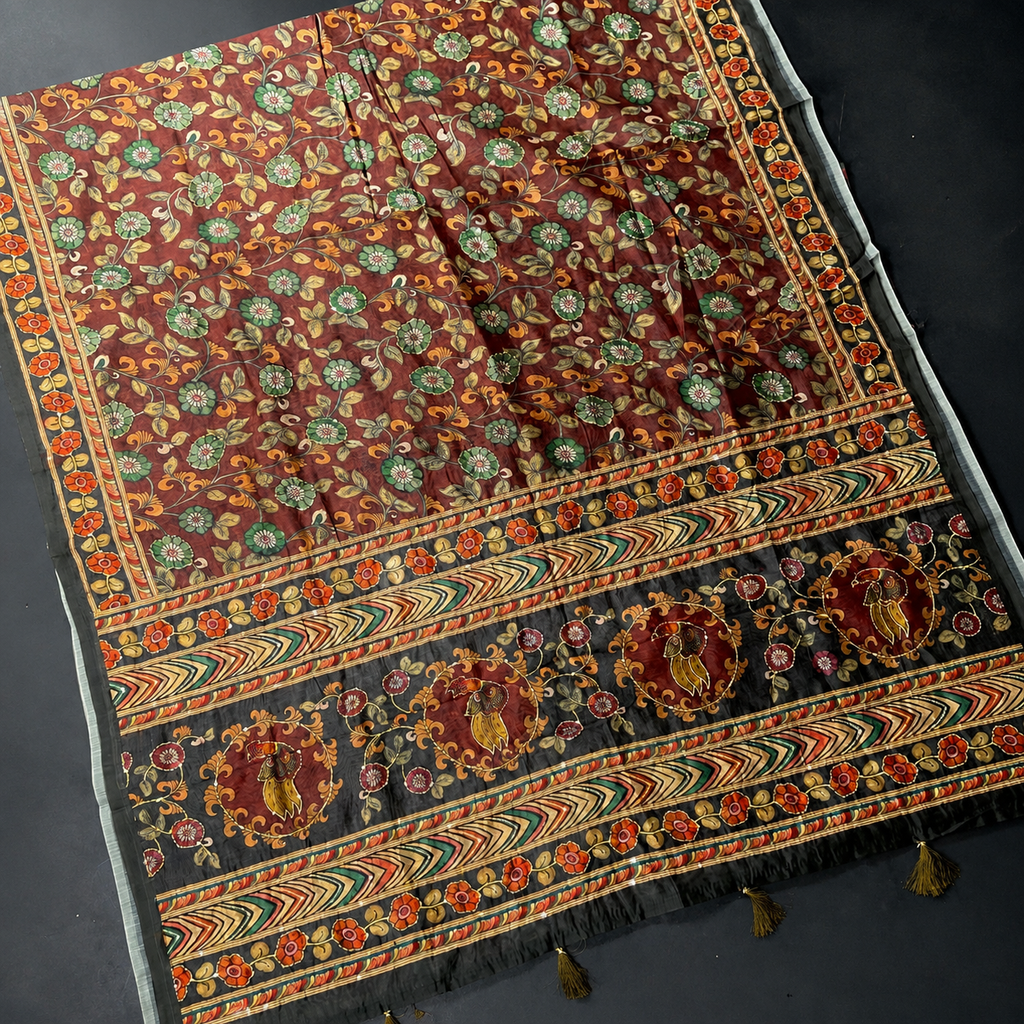 Chanderi Kalamkari Digital Kantha Work Saree