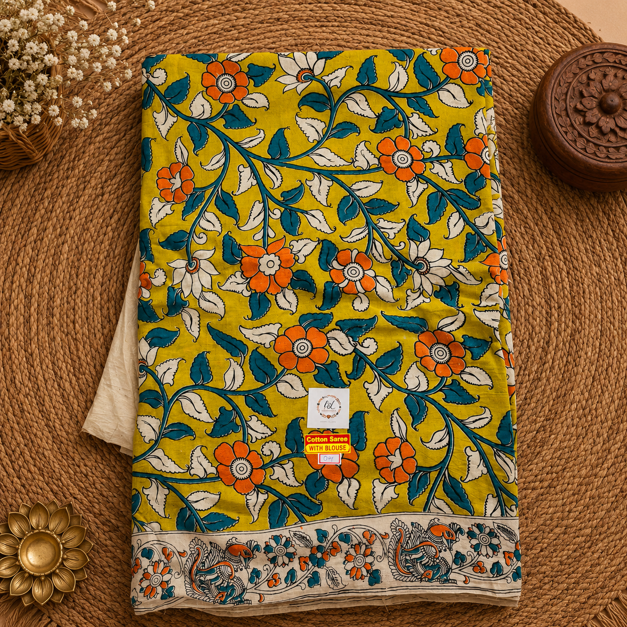 Lime Green Kalamkari Cotton Saree