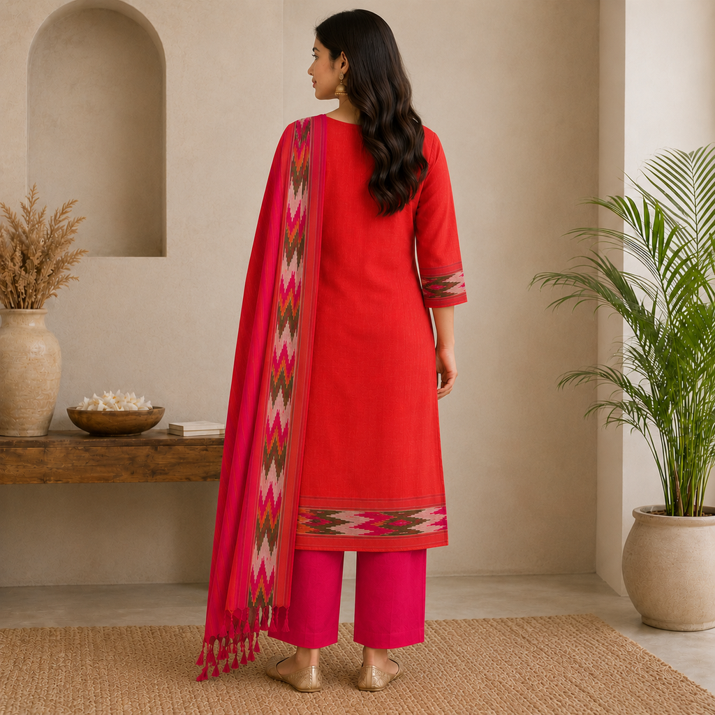 Coral Red & Rani Pink Ikkath Stitched 3 Piece Set