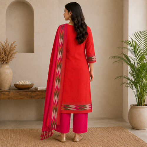 Coral Red & Rani Pink Ikkath Stitched 3 Piece Set