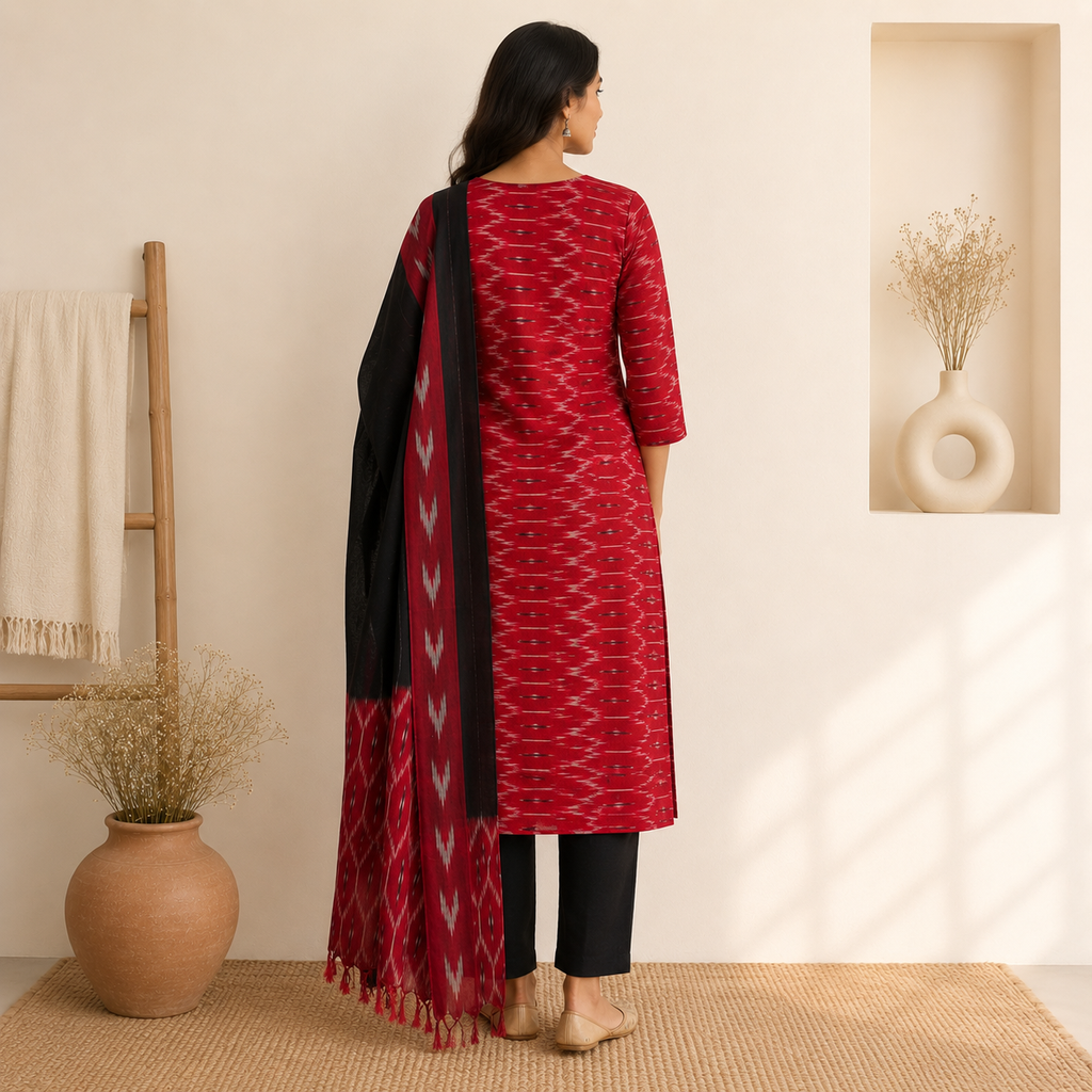 Ikat Cotton Dress Material – Red & Black