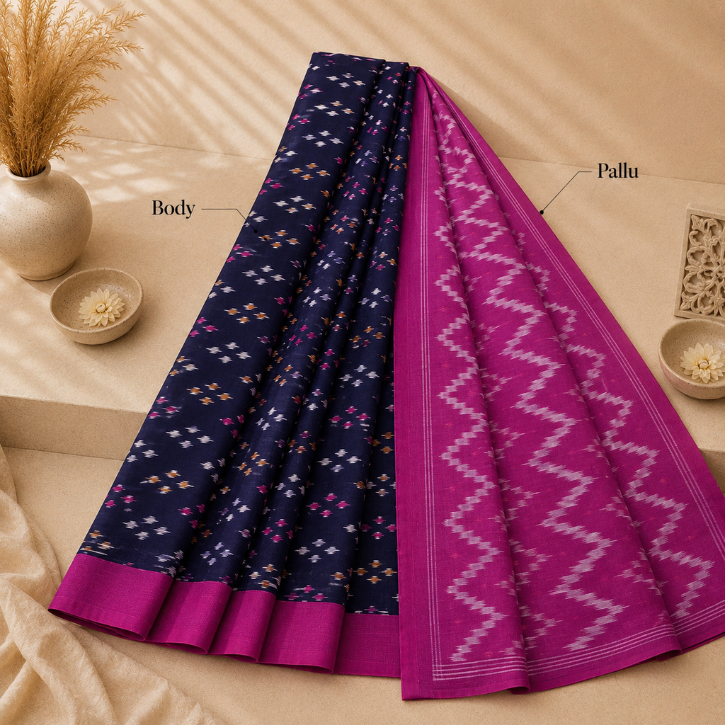 Navy Blue Single Ikkath Pochampally Cotton Saree
