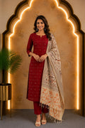 Red Raw Silk Top & Madhubani Kalamkari Dupatta – Dress Material