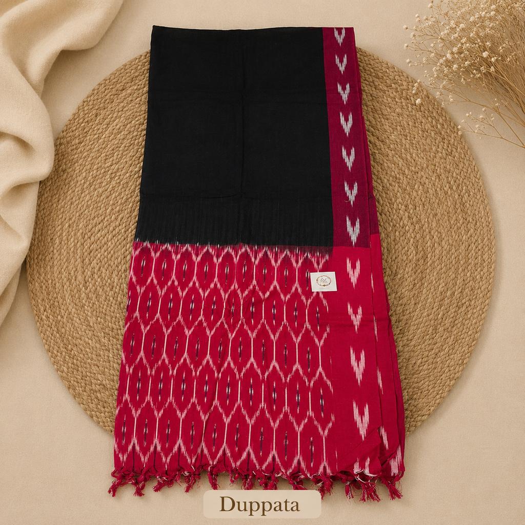 Ikat Cotton Dress Material – Red & Black