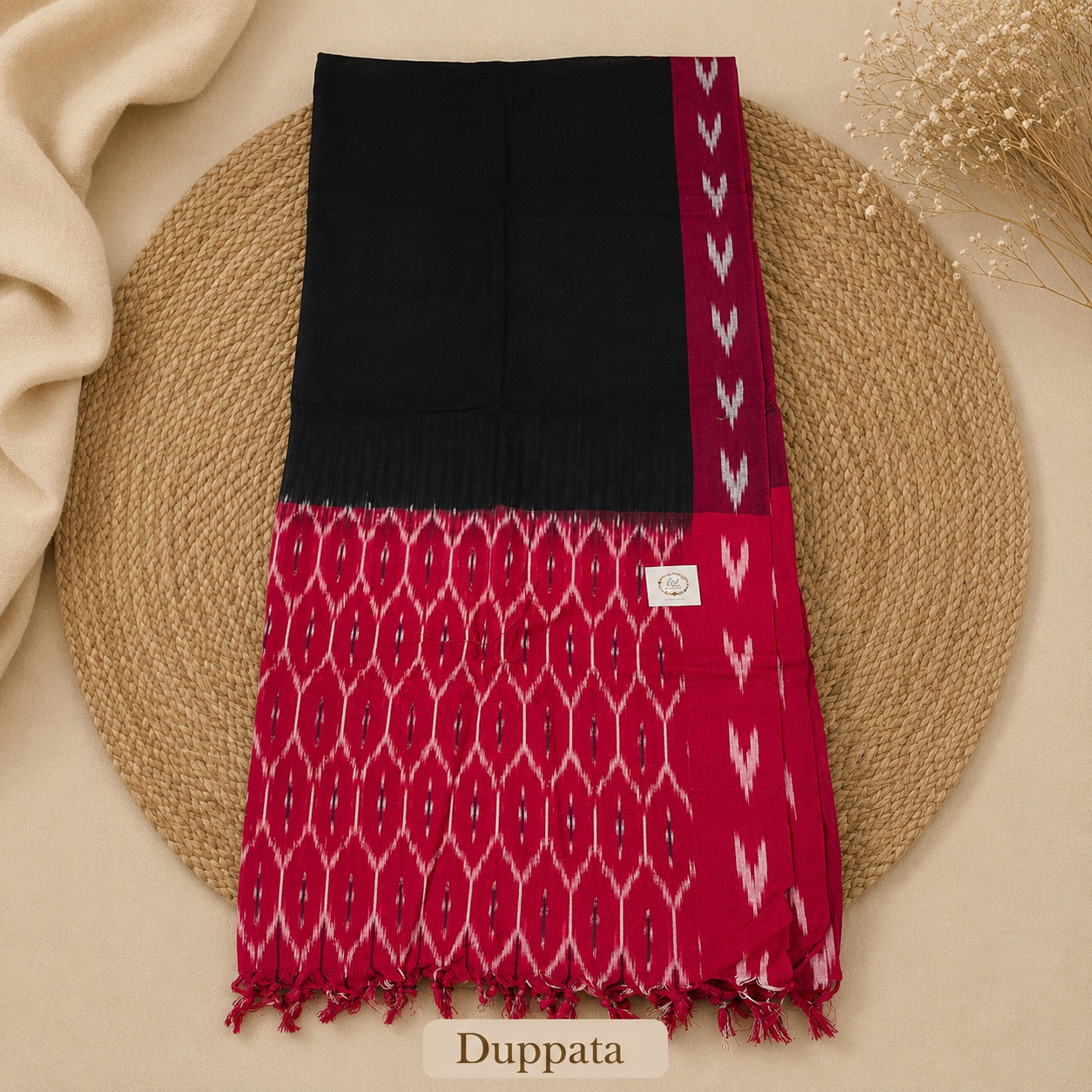 Ikat Cotton Dress Material – Red & Black