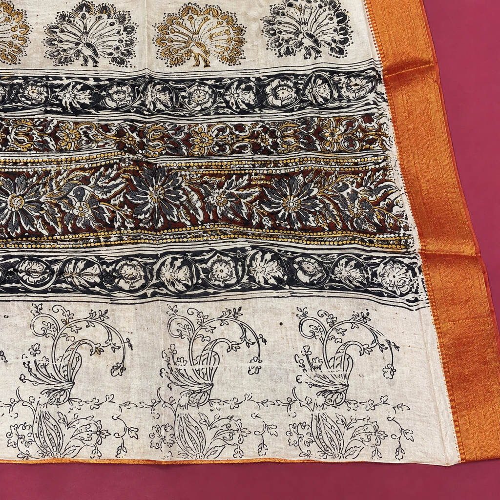 Kalamkari Hand Block Print Mangalgiri Silk Saree with Nizam Border
