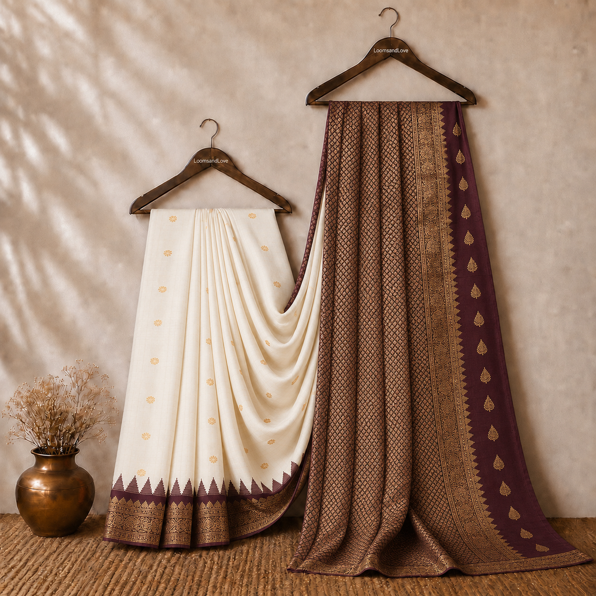 Cream & Burgundy Semi Gadwal Silk Saree