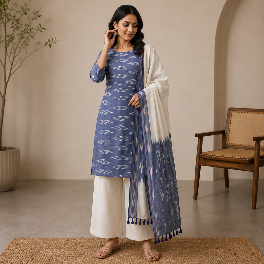 Ikat Cotton Dress Material – Grey & Beige