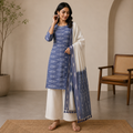 Ikat Cotton Dress Material – Grey & Beige