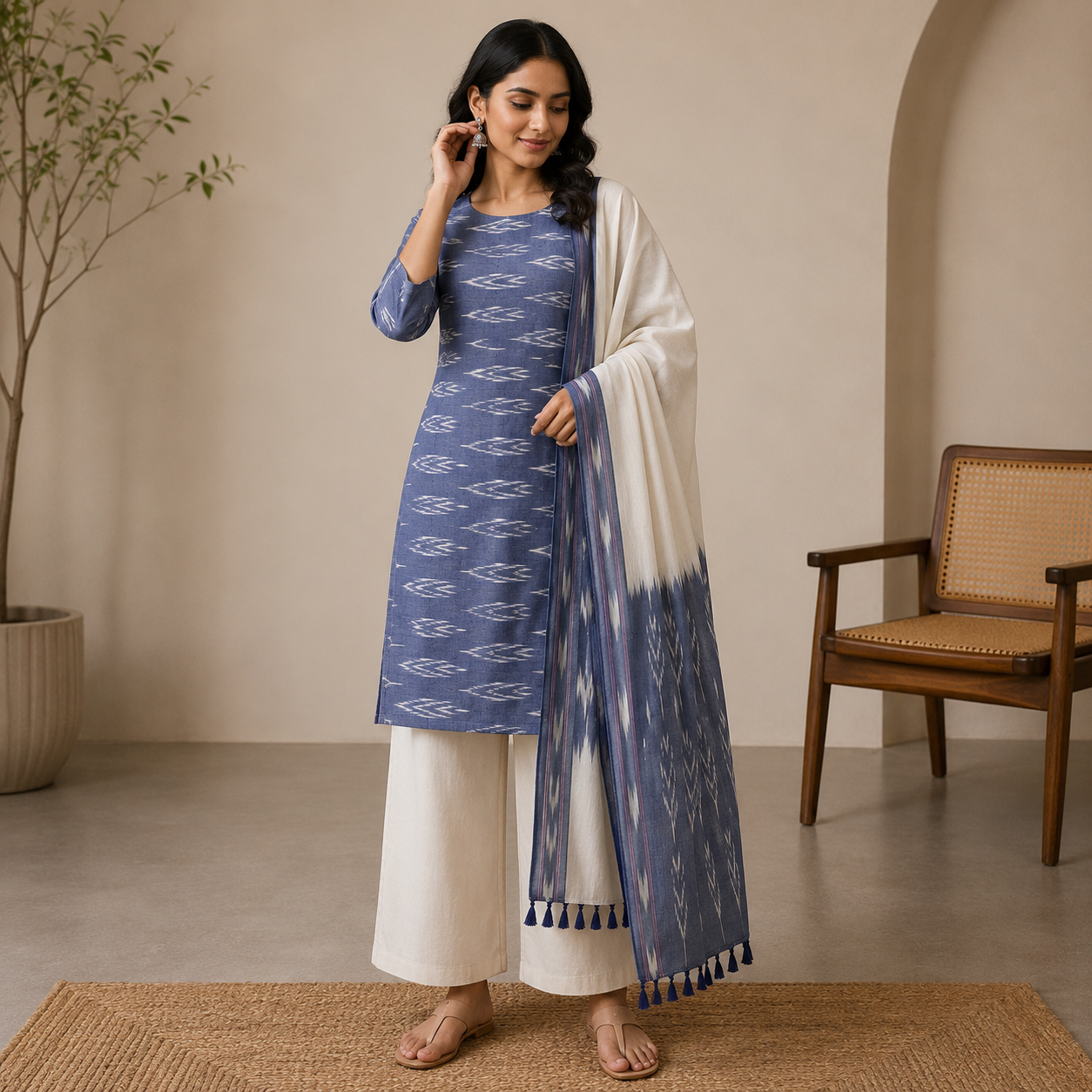 Ikat Cotton Dress Material – Grey & Beige