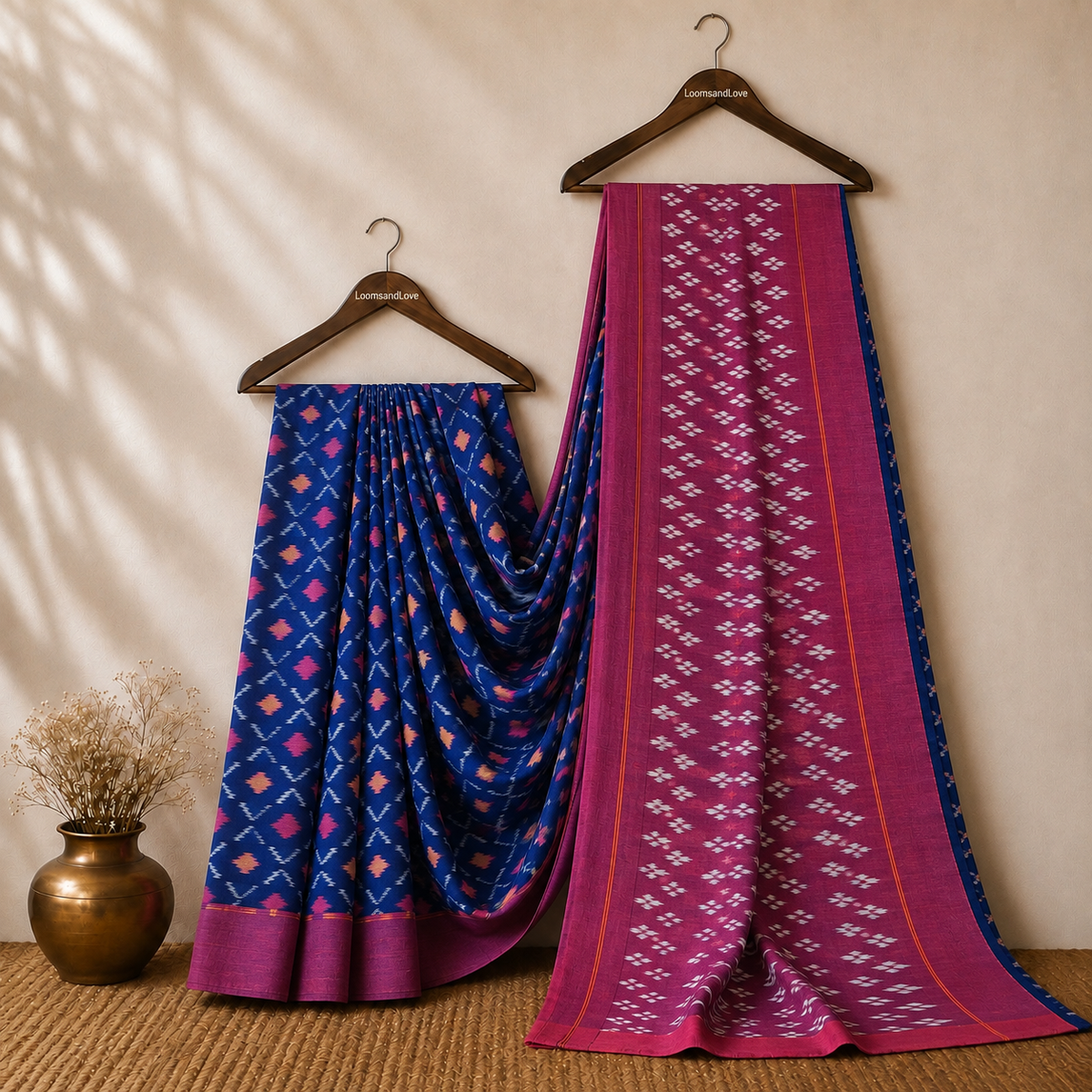 Blue & Pink Single Ikat Mercerised Cotton Saree
