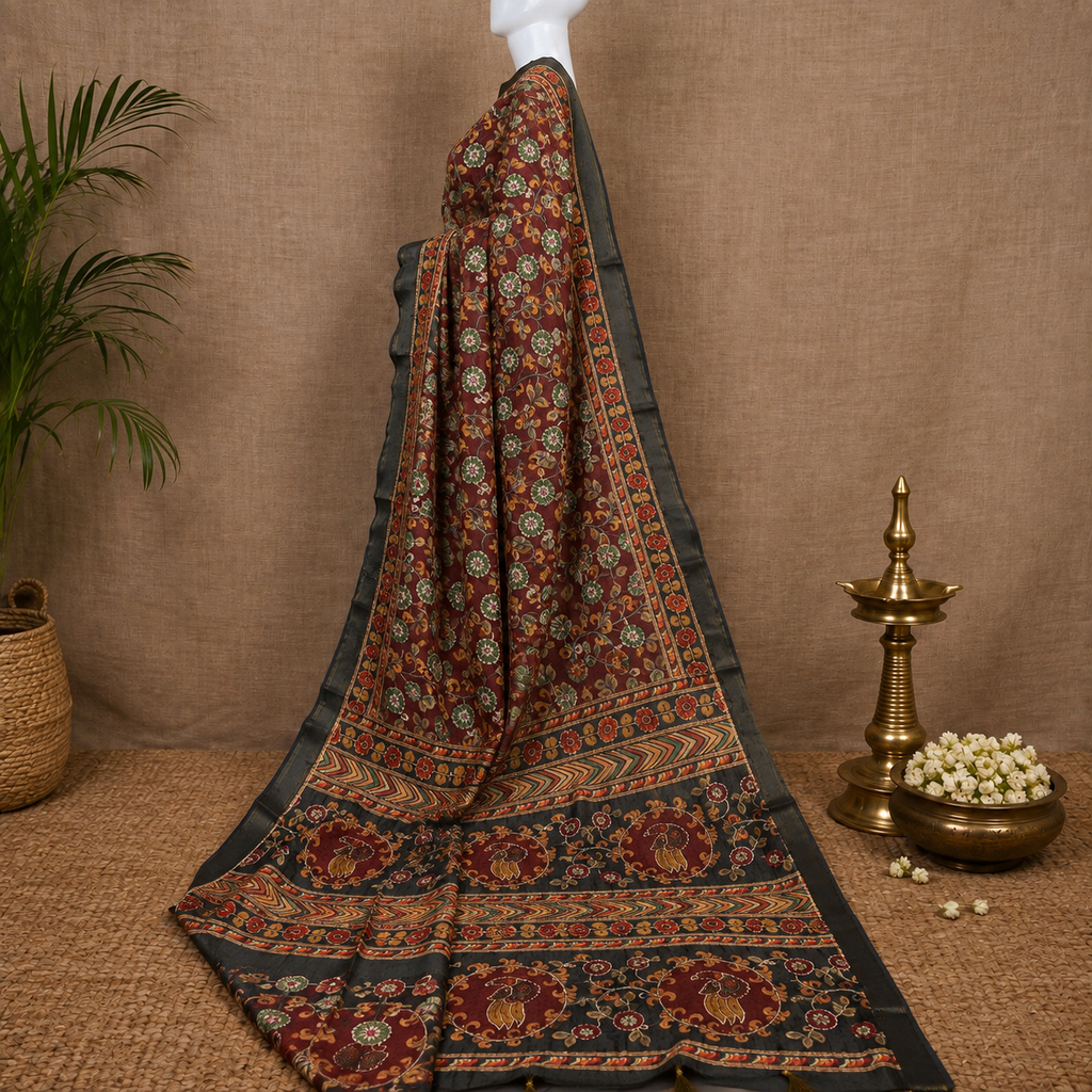 Chanderi Kalamkari Digital Kantha Work Saree