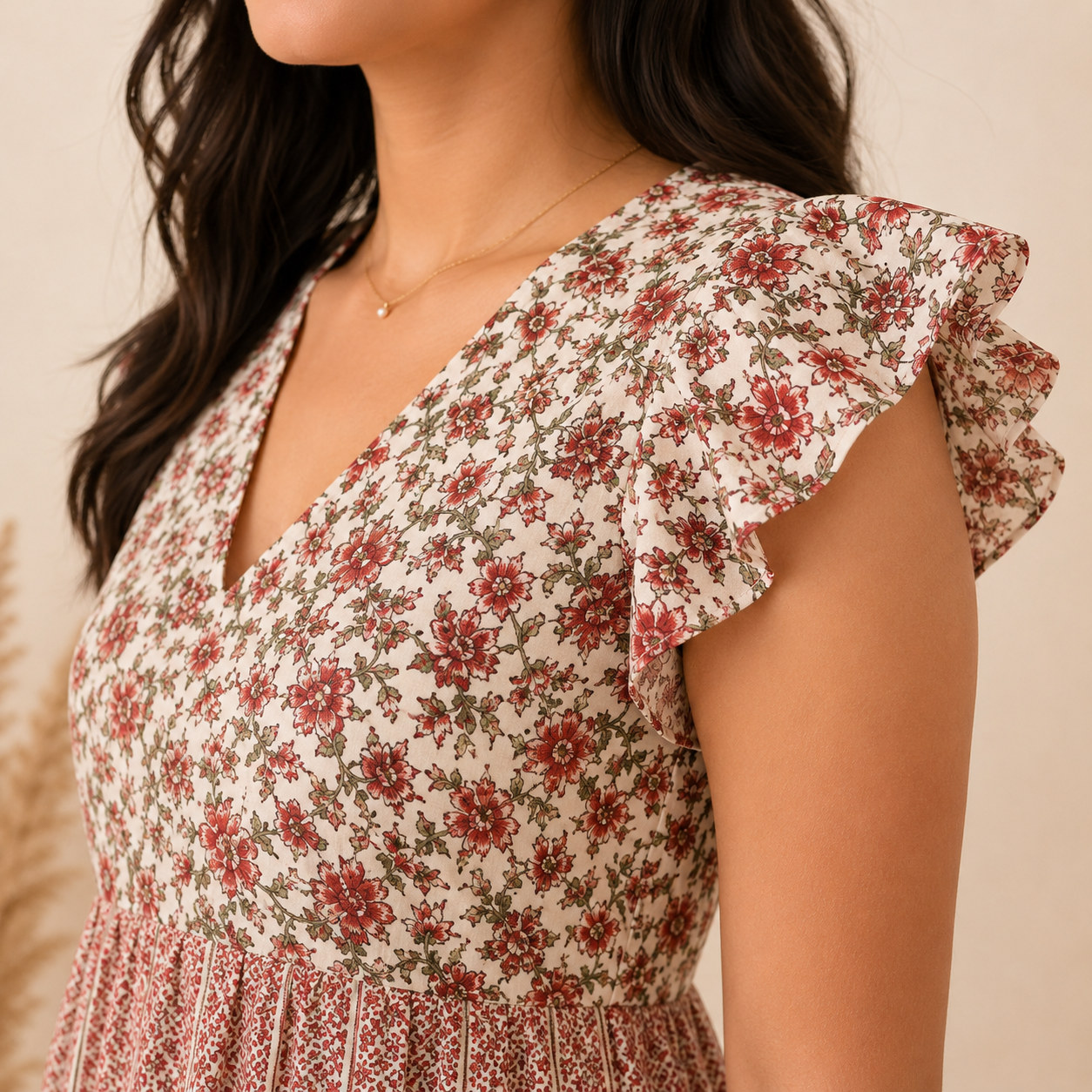 V- Neck Cream and Pink Floral Maxi
