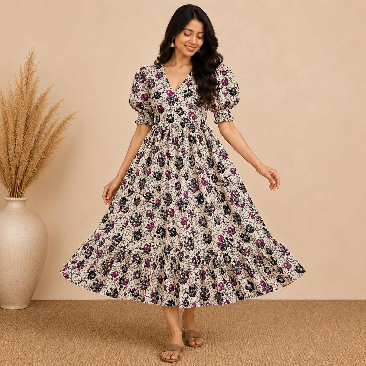 Beige Kalamkari Frill Frock