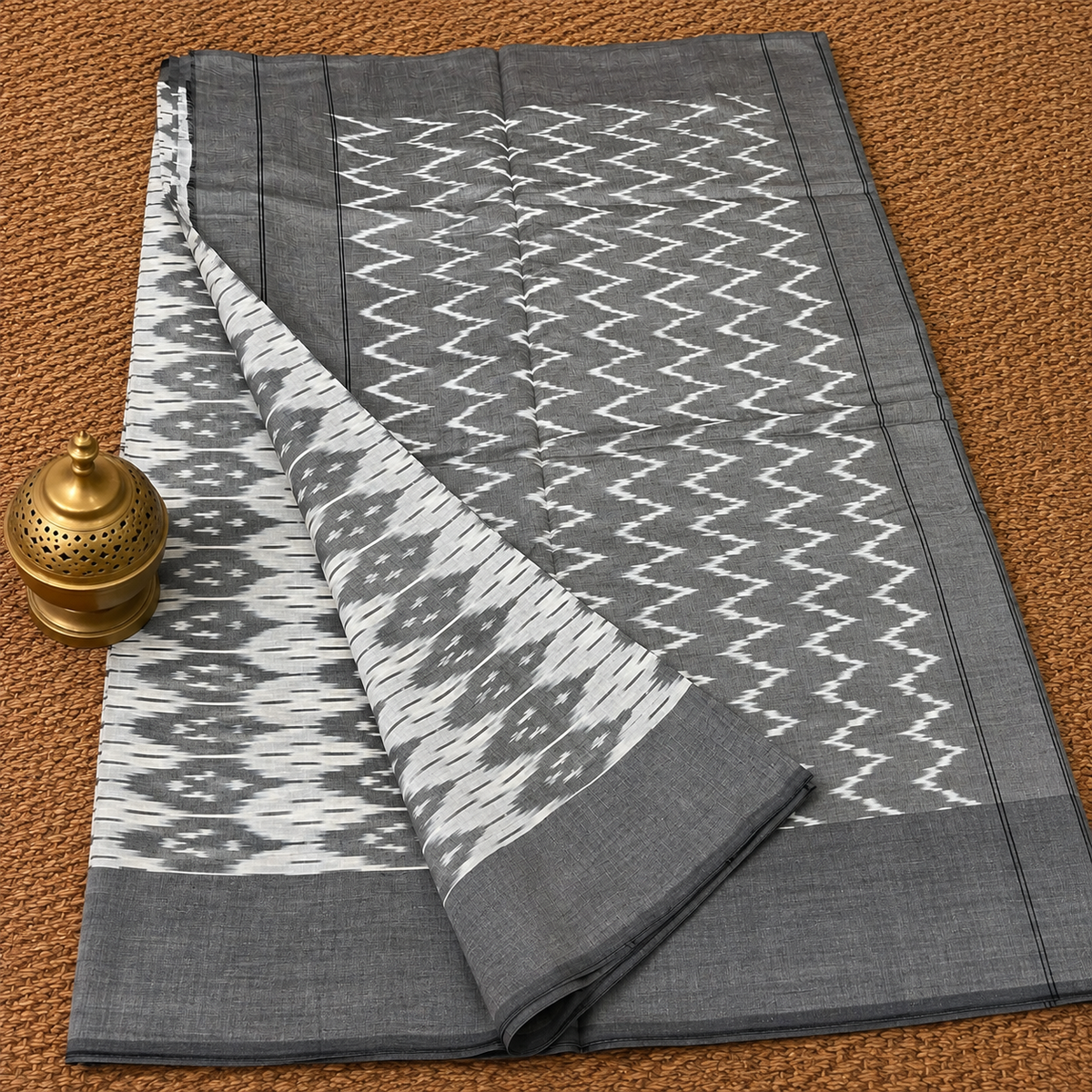 Charcoal Grey & Off-White Ikat Mercerised Cotton Saree