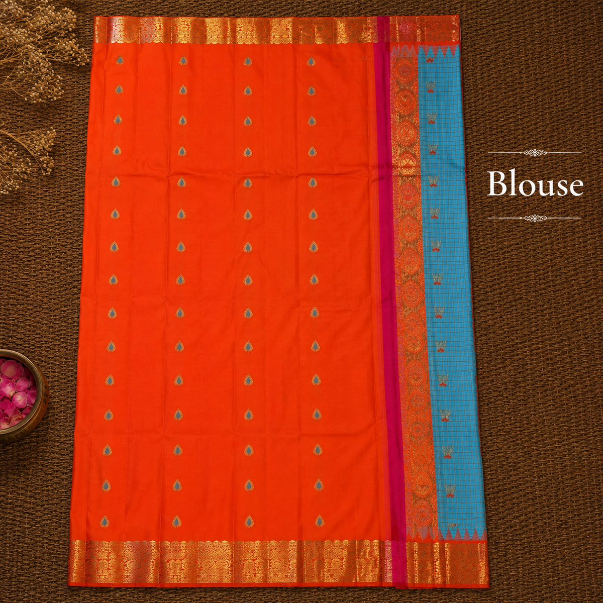 Skyblue & Orange Semi Gadwal Silk Saree